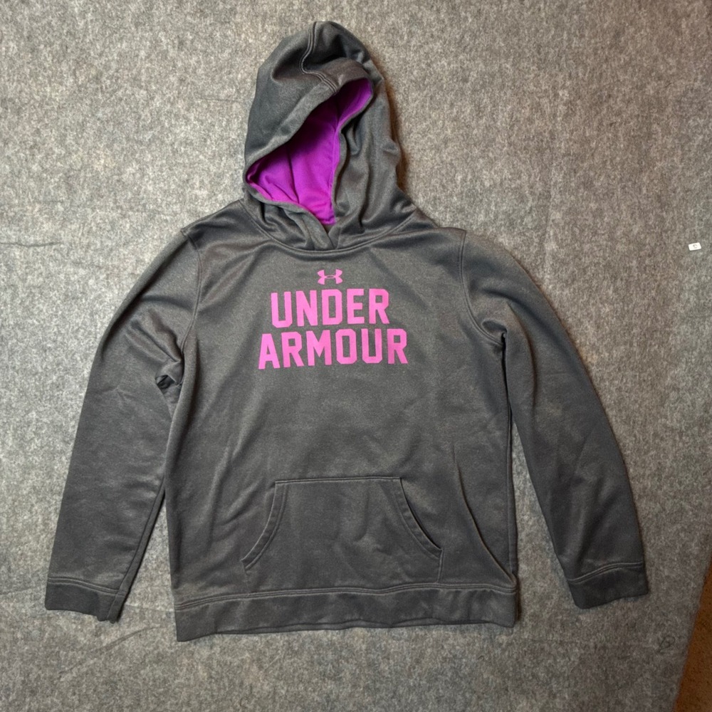 Under Armour Big Logo Girls XL Hoodie Gray Pink Fleece Lined Loose Fit Pullover